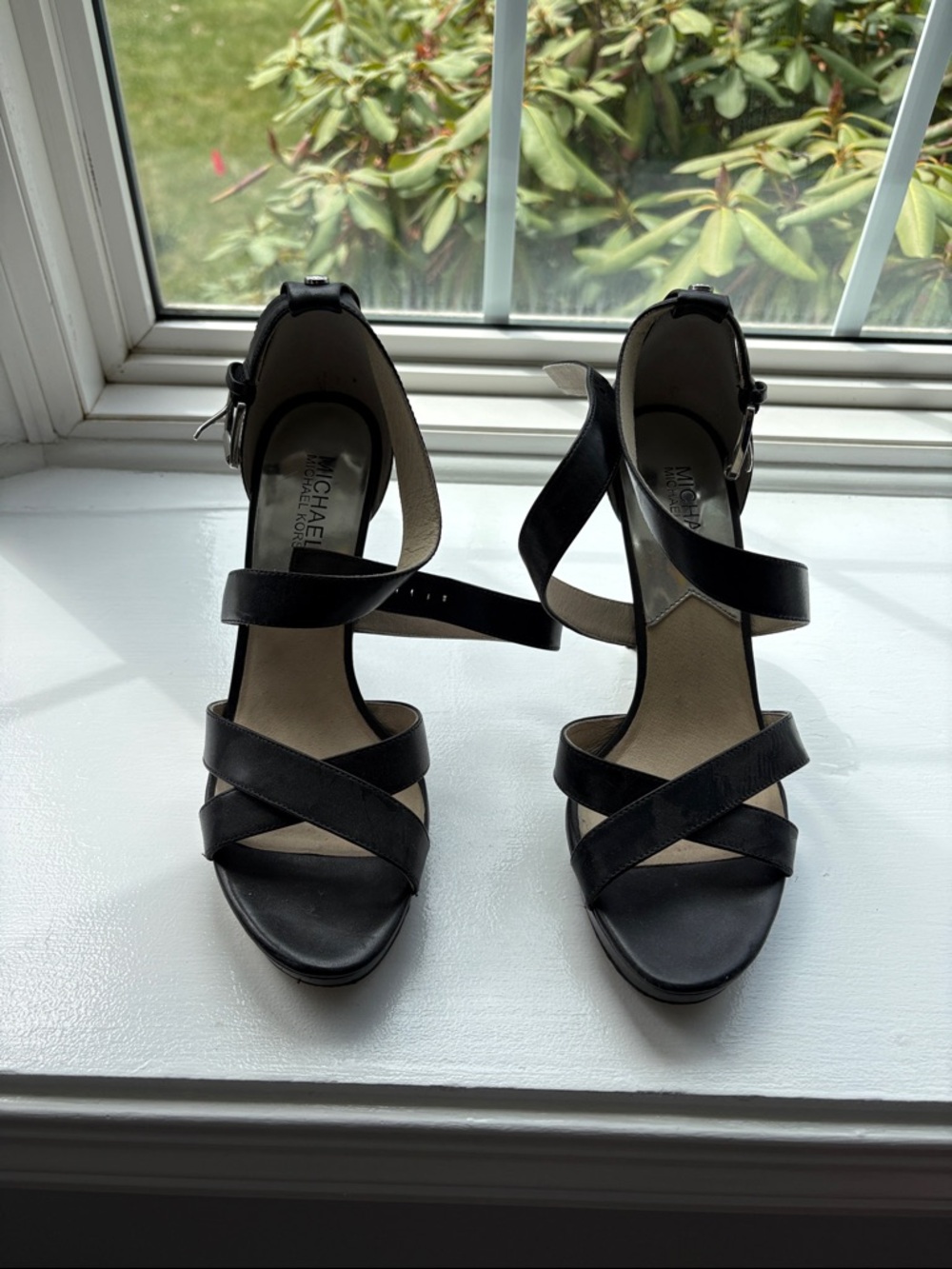 MICHAEL Michael Kors Black Crisscross Leather Ankle-Strap Heels